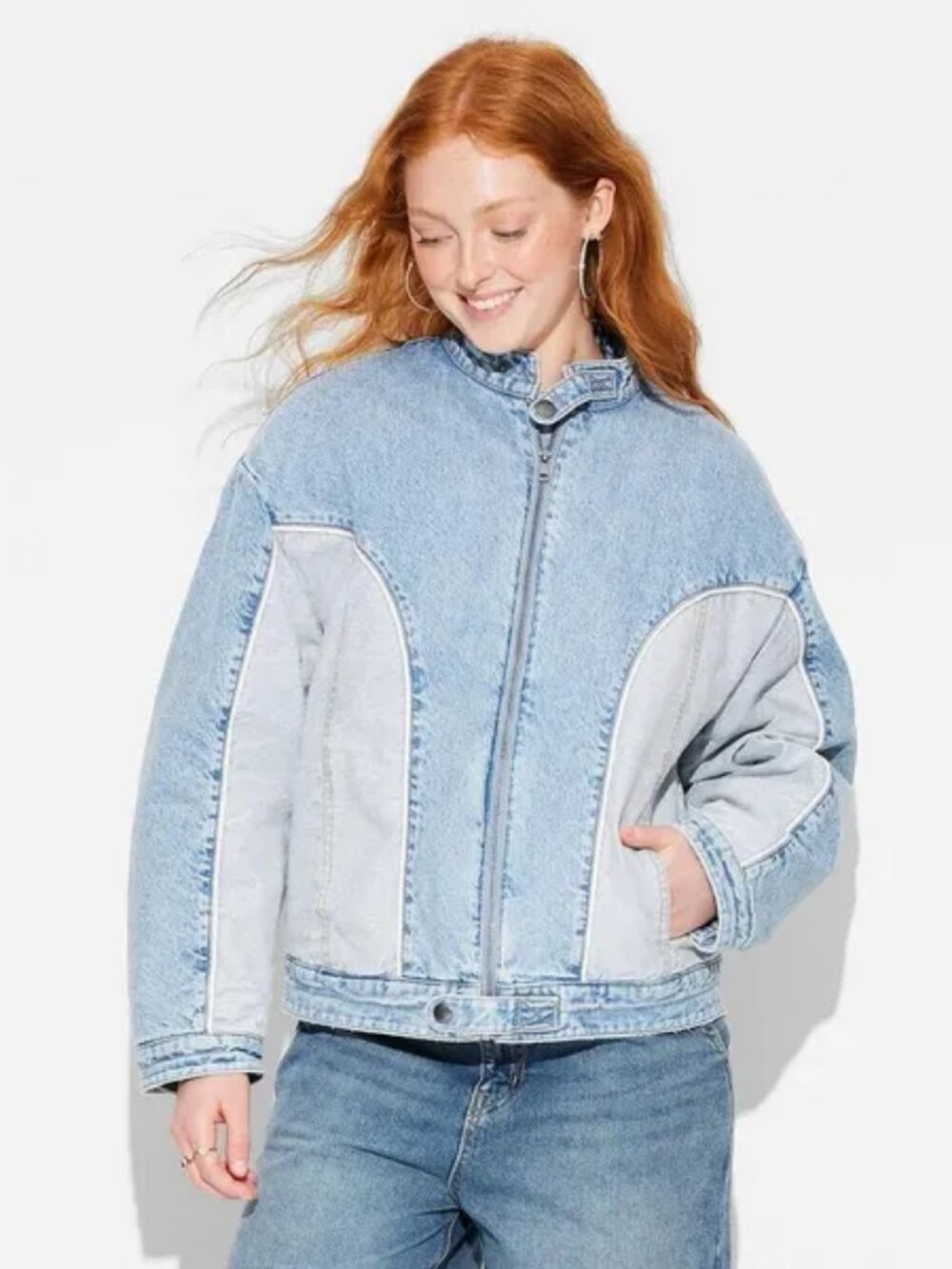 Wild Fable | Women's Denim Bomber Jacket Two-Toned Med Blue Wash Denim Size L